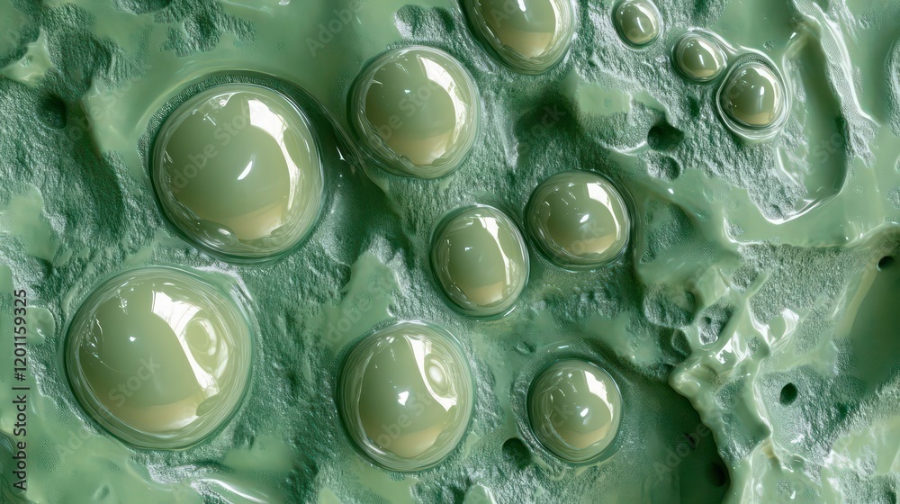 Poster close-up of a textured green surface with glossy spheres.