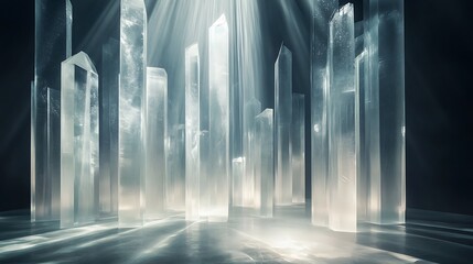 Transparent geometric crystal prisms arranged in a cascading waterfall effect with light bending through them in a dramatic display