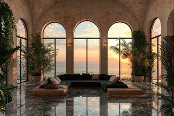 Fototapeta premium Ocean-view lounge sunset luxury villa interior design. (1)
