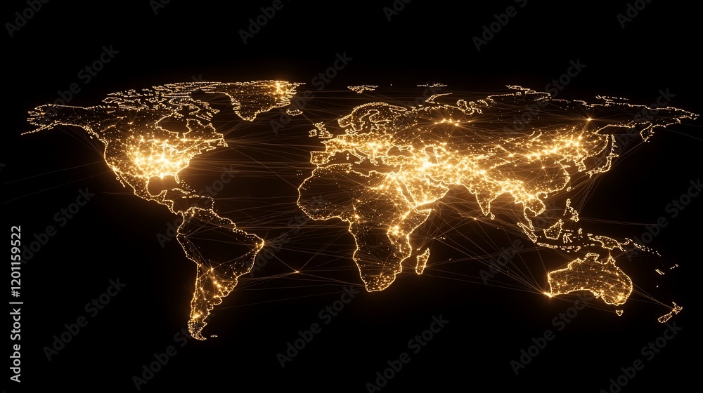 Poster Glowing world map with interconnected network lines.