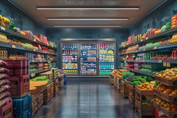 Brightly lit grocery store aisle filled with fresh produce and packaged goods.