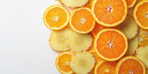 Fototapeta premium Sliced orange and pineapple fruit salad arranged on a white background with ample negative space for text, vibrant orange and yellow hues.
