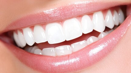 Close-up of a woman's bright, healthy smile with perfectly white teeth and pink lips.