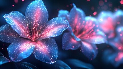 Fototapeta premium Luminous Blue And Pink Flowers Glowing In The Dark