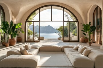 Obraz premium Luxurious villa living room, lake view, calm interior, sunlight, relaxation.