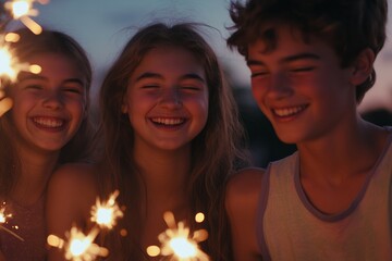 Three teenagers are joyfully holding sparklers, their faces illuminated by the glowing lights as they laugh together on a warm summer evening, creating lasting memories