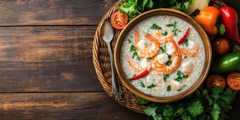 Thai shrimp porridge served in a brown wooden bowl with prawns and herbs garnished with red chili; mixed vegetables arranged in a basket.