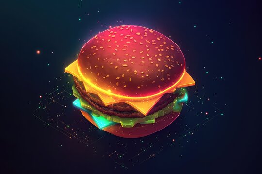 A dynamic isometric burger with an animation of rotating layers and glowing highlights, ideal for creative projects.