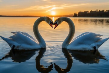 Fototapeta premium Two elegant swans gracefully form a heart shape with their necks on a serene lake, reflecting the warm hues of sunset while the sun sets behind the horizon
