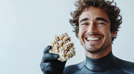 a man in a wet suit holding a seashell
