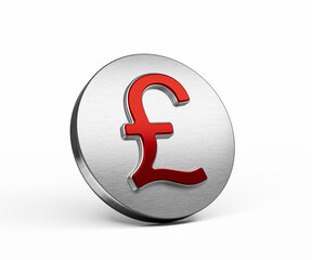 Vibrant Red British Pound Currency Symbol On A Metallic Silver Disc Icon 3D Illustration
