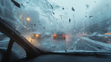 Frozen city street seen through a car windshield.