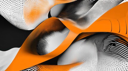 Abstract orange and white swirling shapes on black background.