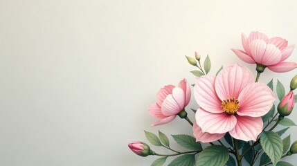 Delicate Pink Blossoms on a Soft White Background A Botanical Illustration Featuring a Corner Arrangement of Flowers and Buds