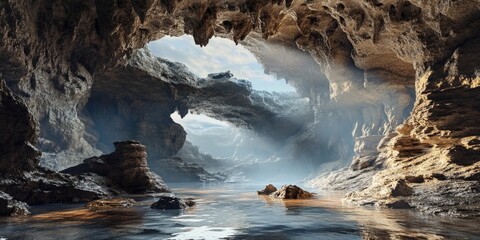 Majestic cave landscape showcasing water-smoothed rocks with dramatic lighting and reflections in tranquil water, warm tones of brown and blue.