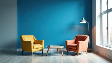 Relaxing interior scene with vibrant teal wall, wooden floor, two armchairs, and a small table
