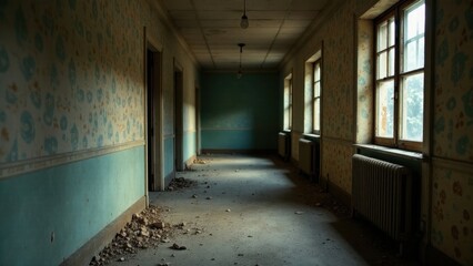 A Desolate Corridor in a Derelict Building, Sunlit Dust Motes Dancing in the Stillness, Hints of Former Elegance in Faded Wallpaper and Peeling Paint