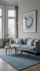 Fototapeta premium Elegant Pastel Blue Scandinavian Living Room with Fluffy Sofa Soft Couch and Clean Simple Interior Design Interior Design Inspiration