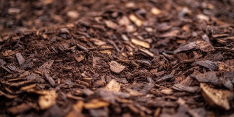 Brown wood chip mulch with rich textures and varying shades of brown in a close-up view, perfect for gardening and potting soil applications.