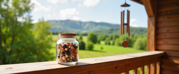 Beads in a jar on wooden balcony ledge, serene rural landscape