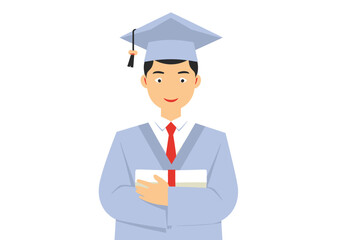 Minimalist Graduation Design: Flat Vector Illustration of Young Man in Gown with Diploma, Isolated on White. Featuring Blue Cap, Red Tie, and Simple Shapes. Perfect for Education, Graphic Design, 