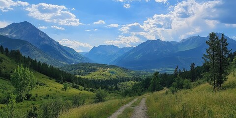 Obraz premium Serene mountain landscape with a winding dirt road framed by lush greenery under a bright blue sky with soft white clouds in the distance
