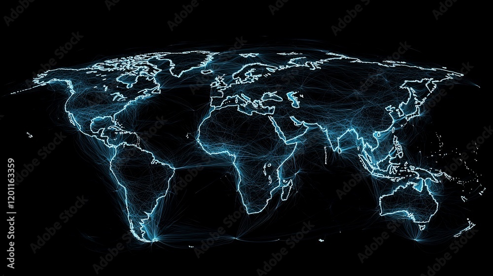 Poster glowing world map with interconnected lines.