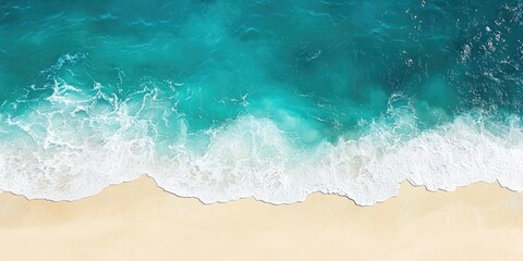 Aerial view of a tranquil turquoise beach with gentle waves lapping at a sandy shore featuring ample negative space for text placement.