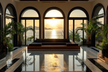 Fototapeta premium Sunrise ocean view luxury villa lobby lounge.