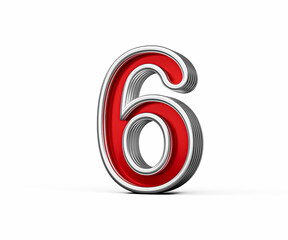 Vibrant Red Number Six 6 With Metallic Gleam And Beveled Edges On White Background 3D Illustration