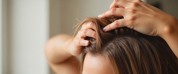 Naklejka premium Woman examining hair loss with gentle touch, self-care awareness