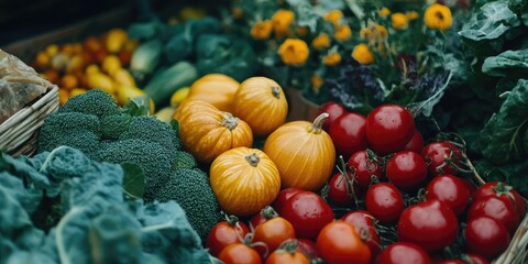 Colorful harvest of autumn vegetables featuring yellow pumpkins, red tomatoes, and green broccoli amidst leafy greens and marigold flowers.