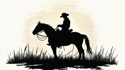 Naklejka premium silhouette of rodeo cowboy on horse with grass isolated on white background 