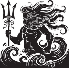 Black Color Greek Mythic Sea God Poseidon Silhouette Vector Illustration, Solid White Background