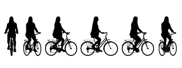 Vector concept conceptual black silhouette of a woman riding a bicycle from different perspectives isolated on white background. A metaphor for sport, fitness, health, transport, leisure and lifestyle