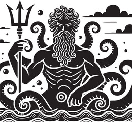 Black Color Greek Mythic Sea God Poseidon Silhouette Vector Illustration, Solid White Background