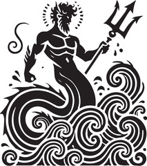 Black Color Greek Mythic Sea God Poseidon Silhouette Vector Illustration, Solid White Background