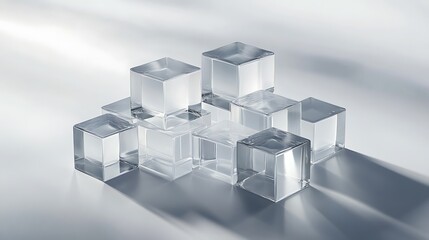 Obraz premium A minimalist arrangement of transparent crystal blocks stacked neatly in a geometric formation on a smooth surface