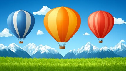 Obraz premium Three vibrant hot air balloons ascend over a majestic snow-capped mountain range