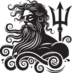 Black Color Greek Mythic Sea God Poseidon Silhouette Vector Illustration, Solid White Background