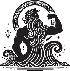 Black Color Greek Mythic Sea God Poseidon Silhouette Vector Illustration, Solid White Background
