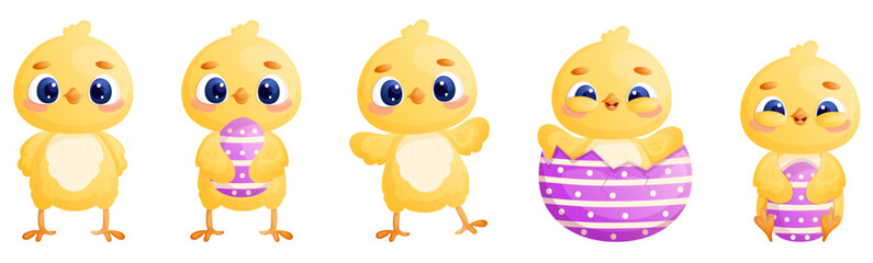 Cute easter chick set isolated on white. Funny cartoon chicks with Easter egg, egg shel collection. Greeting card, poster, banner design elements.