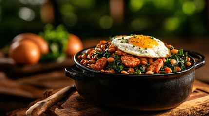 Brazilian Feijao Tropeiro bean and sausage dish, garnished with collard greens and fried eggs in a rustic outdoor setting, [South American hearty meals, rustic flavor]