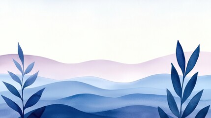 Obraz premium Cloudy watercolor idea. Abstract landscape with gentle waves and stylized leaves in varying shades of blue.