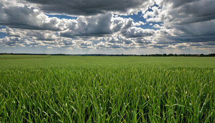 Champ verdoyant sous un ciel nuageux