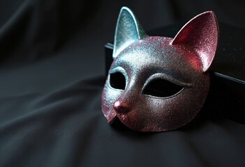 Obraz premium Glittering Cat mask on black surface, copy space