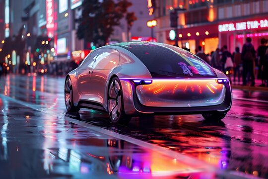 Futuristic autonomous car illuminated in a vibrant city at night.