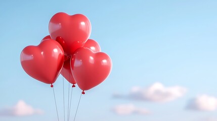 Red heart-shaped balloons floating in a blue sky with fluffy white clouds