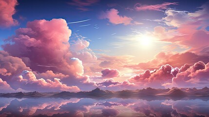 Pink clouds softly embrace a blue sky as a radiant sun illuminates the horizon above the distant hills
