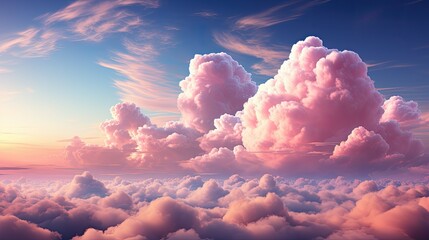 Pink clouds float above a sea of soft clouds under a blue sky during sunset or sunrise